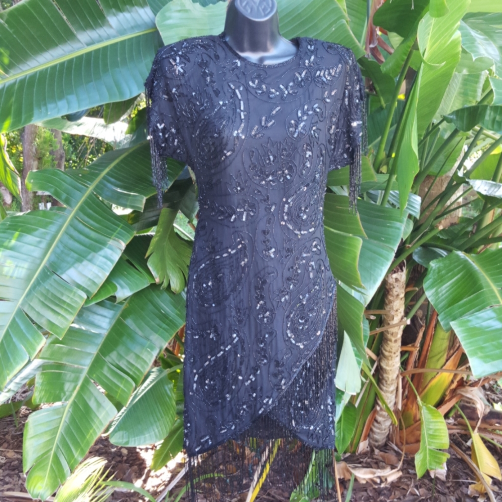 Vintage 80s sequin flapper beaded and fringe dress